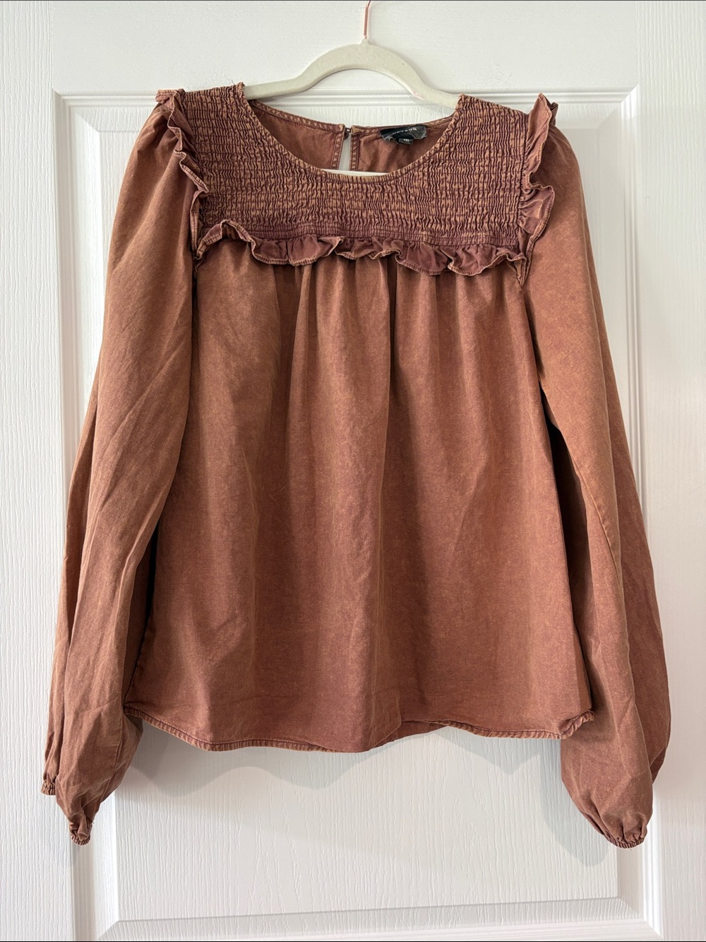Heyson Smocked Ruffle Yoke Long-Sleeve Blouse — Rust Brown